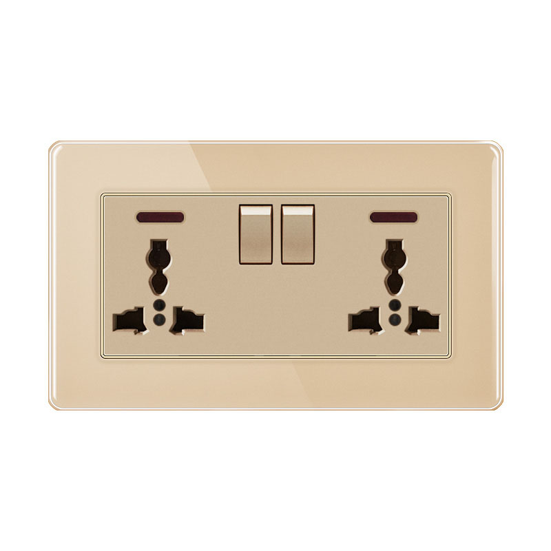 Tempered Glass Switch ABG-Doule Universal 3 Pin Socket With Switch With Indicator Light-GOLD